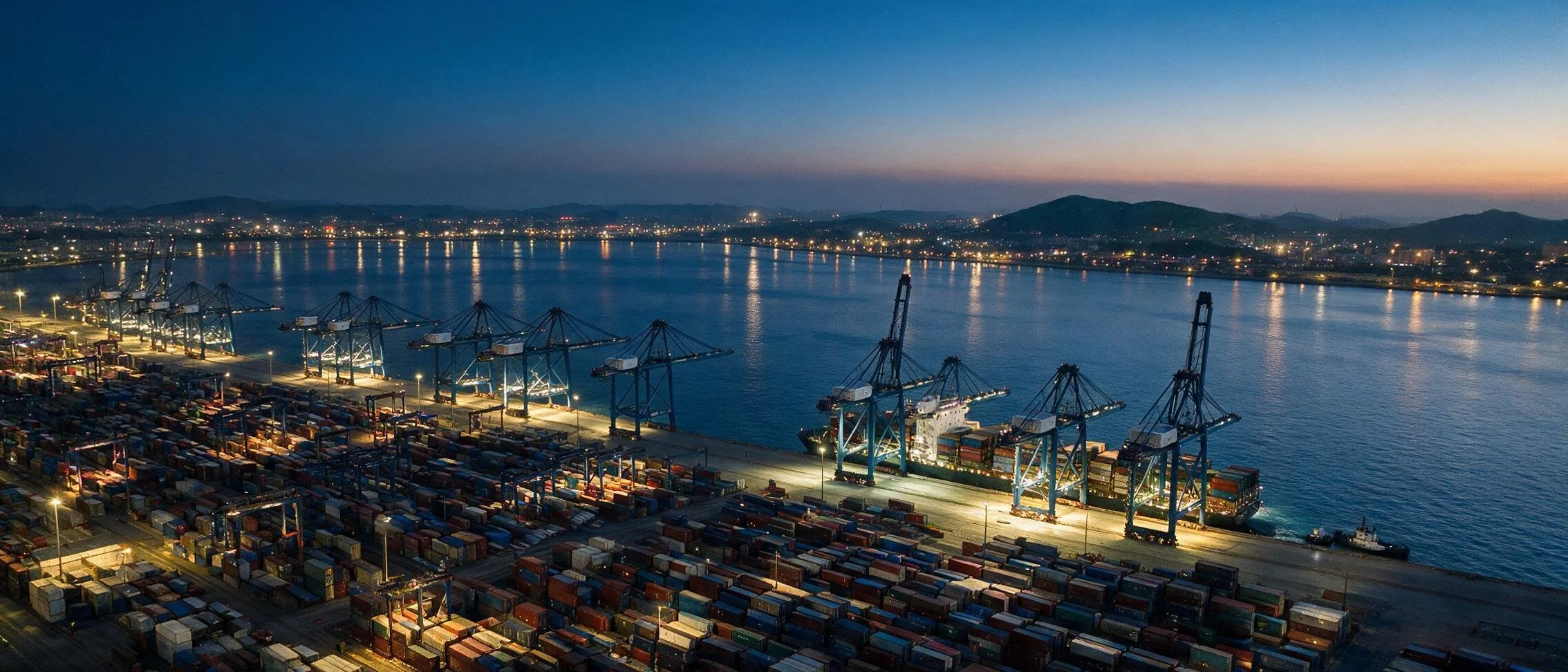 Container port with gantry cranes and stacked containers